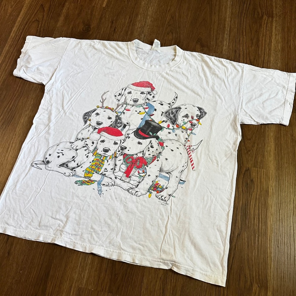 Katz Christmas Dalmatian T Shirt Unisex OS White Good Vintage 90s Puppy Graphic